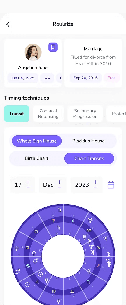 Transits screen in the AstroLearn app